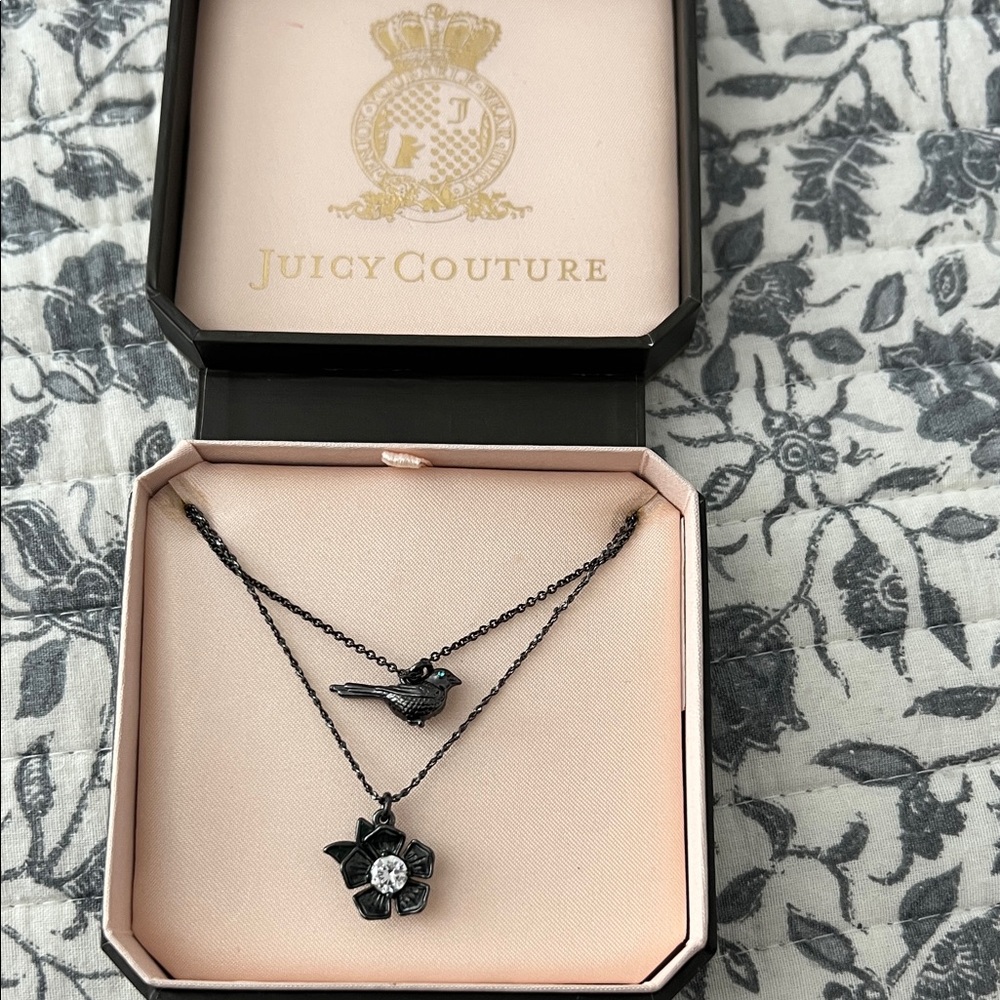 Juicy Couture Black Necklace with Bird and Flower Pendants